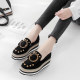 2022 autumn new rhinestone striped thick-soled muffin shoes women's round toe metal buckle wedge single shoes increase British style