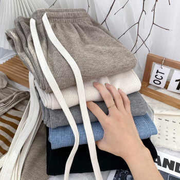 Drawstring high waist loose knitted pit strip rabbit velvet wide leg pants women's autumn high-end slim drape mopping straight casual pants