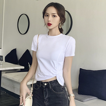Round neck left pleated short-sleeved t-shirt womens Korean version of white base shirt slim fit tight fit 2020 new top