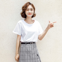 Loose round neck white t-shirt womens short-sleeved medium-long thin student half-sleeve solid color top summer Korean ins tide