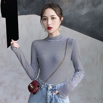 Small turtleneck striped base shirt womens long-sleeved Korean slim Western style autumn and winter top ins summer t-shirt 2020 new