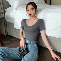 u-neck t-shirt womens short-sleeved cigarette gray 2021 Western style large neckline slim tight top white low-neck base shirt