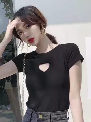 Round neck hollow hollow short sleeve T-shirt female Korean slim top black ins tide 2020 new base shirt foreign style interior