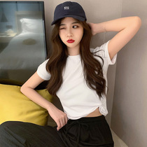 White umbilical top short-sleeved t-shirt womens 2021 summer new skinny high-waisted slim pleated ins tide Korean version