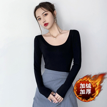 Black plus suede thickened warm beating undershirt woman u collar foreign air autumn winter hitch 2021 new low collar tight blouses