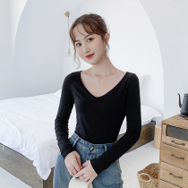 Black long-sleeved t-shirt womens v-neck top base shirt slim slim autumn and winter section large neckline cotton deep V sexy ins