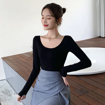 Black large u-neck base shirt womens inner long-sleeved low-collar autumn and winter wild top Autumn and winter large neckline tight t-shirt