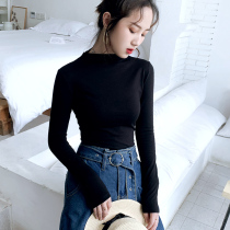 Semi-high-neck long-sleeved womens solid color base shirt slim slim 2021 autumn and winter new inside Korean version of the round neck ins tide