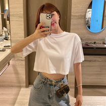 White short-sleeved t-shirt womens spring and autumn ins super fire base shirt loose umbilical short section careful machine sexy high-waisted top