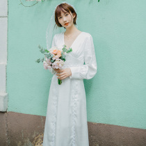  Early autumn French satin simple temperament light wedding dress collar small dress lanky long sleeve Satin socialite dress
