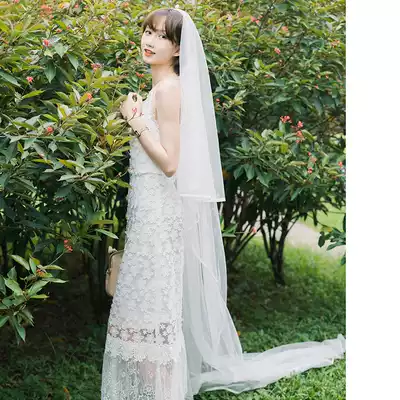 Star River] Simple Korean Bride wedding dress headyarn ornaments travel photo wide edge trailing tail long version plain yarn bare yarn