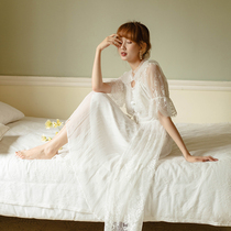 Summer French Super fairy long lace cardigan morning gown bride pajamas suspenders dress holiday photo two-piece set