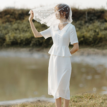 21 French retro satin design feel waist Hepburn white dress license registration dress engagement light wedding dress