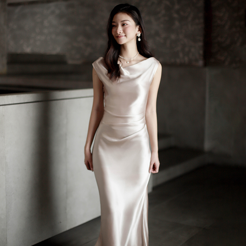 Yingshi|French Acetate Satin Champagne-Colored Off-The-Shoulder Engagement Date Banquet Host Light Formal Dress Yingshi|French Acetate Satin Champagne-Colored Off-The-Shoulder Engagement Date Banquet Host Light Formal Dress