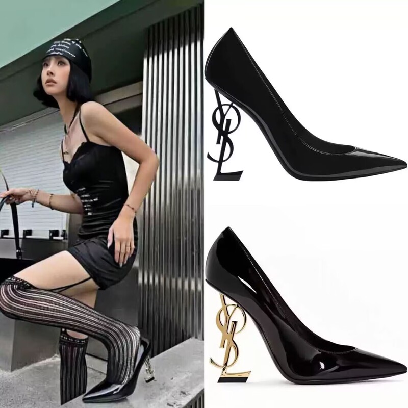 High-End French Style New Model Yangshulin Same Style High-Heeled Women's Shoes Patent Leather Metal Letter Heel Shallow Pointed Toe Single Shoes