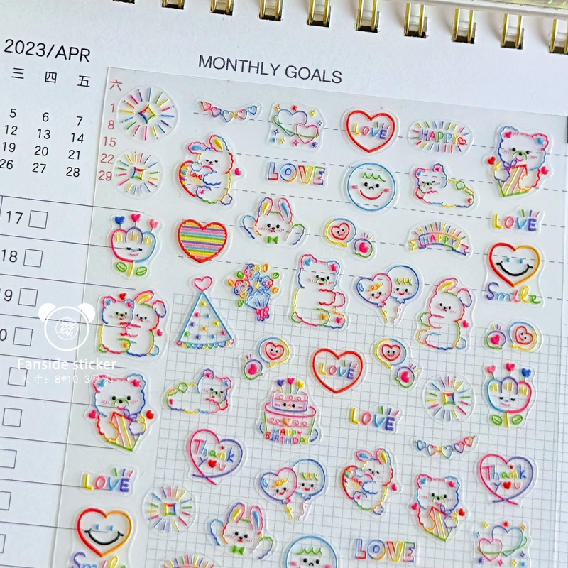 Happy Birthday 3D Graffiti Neon Bear Nail Art Stickers Waterproof Small Object Decoration Stickers Journal Stickers