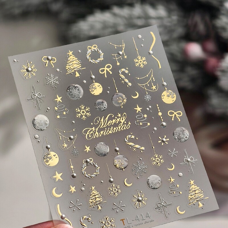 New Year Christmas Tree Snowflake Jelly Gold and Silver Adhesive Waterproof Nail Stickers Nail Decoration Stickers