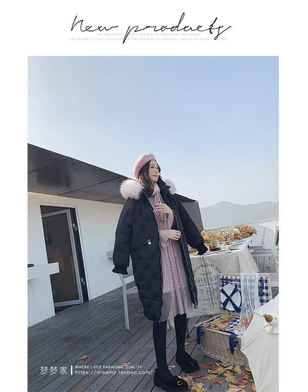 Dongdaemun trên đầu gối quần áo cotton nữ 2018 mới thêu bông tuyết dài áo khoác cotton lớn lông cổ áo xuống áo khoác - Accentuated eo áo