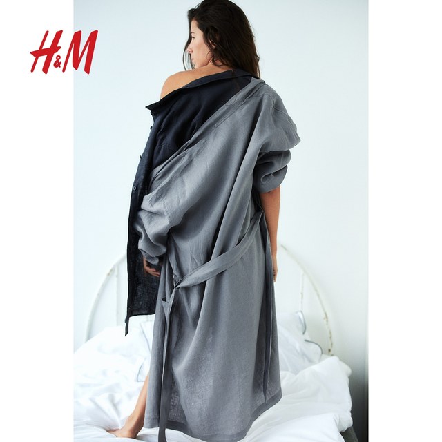 HM summer new women's underwear home wear nightgown bathrobe solid color neutral washed linen nightgown 0107727