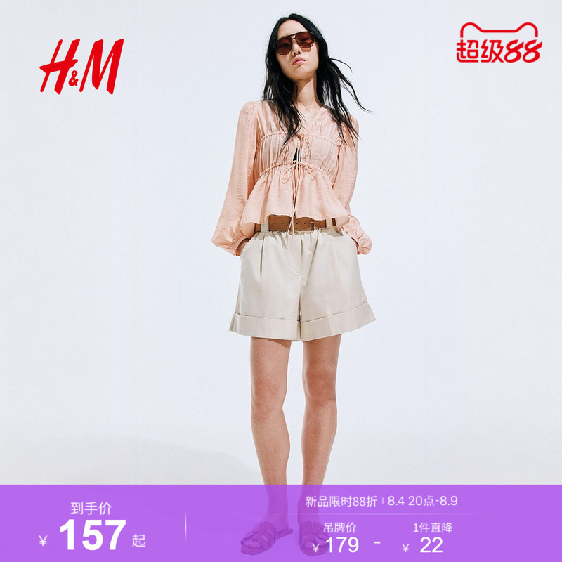 Hm Women's Shirt 2026 Summer New Style Tie-Neck Fashion Front Tie Pleated Top 1344102 Hm Women's Shirt 2026 Summer New Style Tie-Neck Fashion Front Tie Pleated Top 1344102