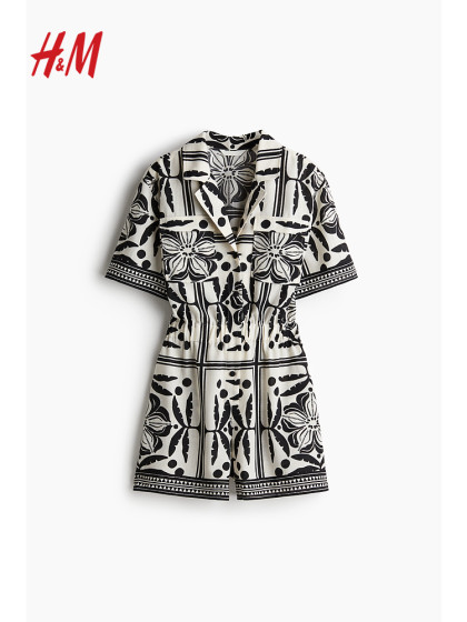 HM女装连体裤2025夏季新款修身印花古巴领度假风连身短裤1282074