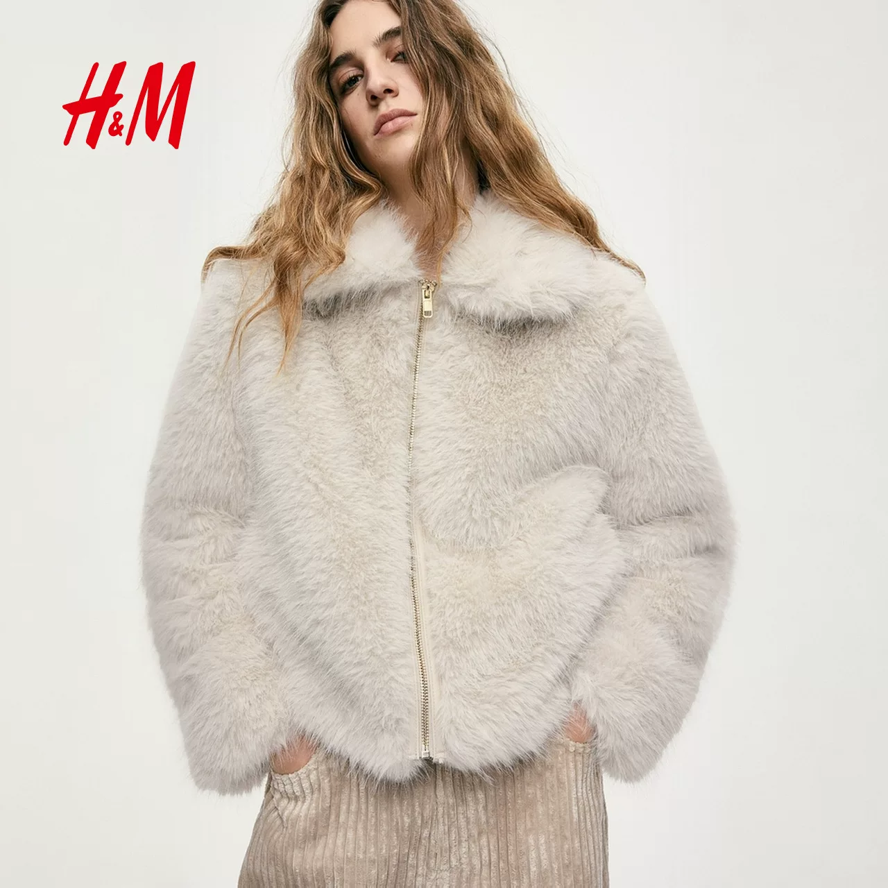 Женское пальто из меха HM, зимнее тепловое длинное рукавовое модное пальто с воротником из меха 1315022