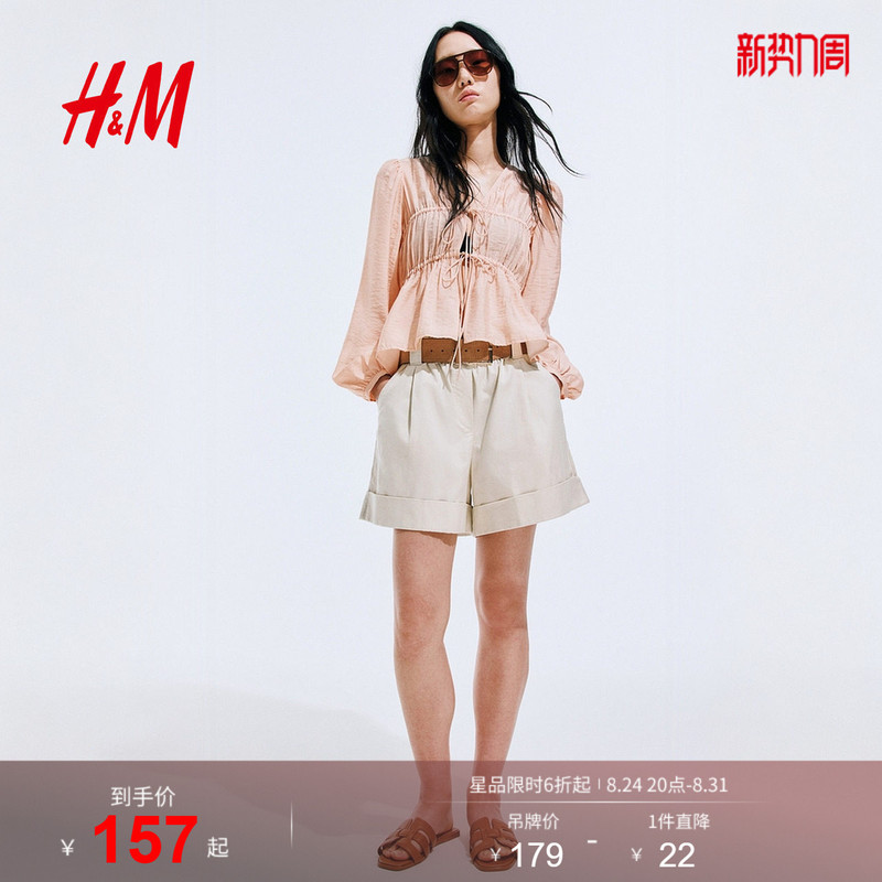 Hm Women's Shirt 2026 Summer New Style Tie-Neck Fashion Front Tie Pleated Top 1344102 Hm Women's Shirt 2026 Summer New Style Tie-Neck Fashion Front Tie Pleated Top 1344102