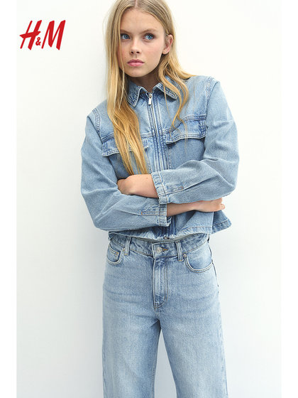 HM女装短外套夏季硬挺翻领拉链翻盖胸袋牛仔外套1254900