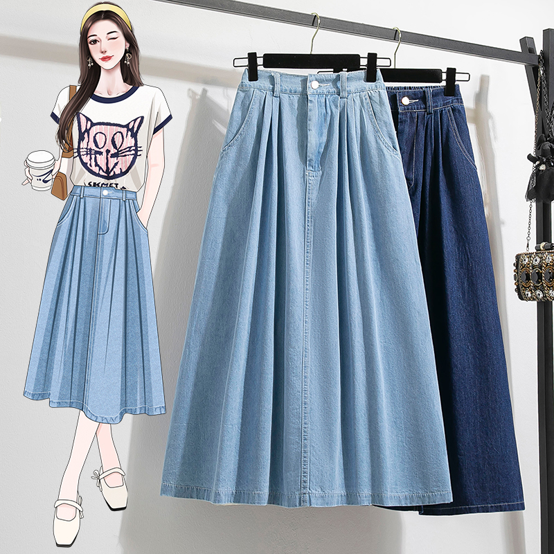 Plus Size Women's Denim Skirt, Slimming Casual Long Skirt for Fat Women, Pear-Shaped Body, High Waist, Large Hem, A-Line Umbrella Skirt