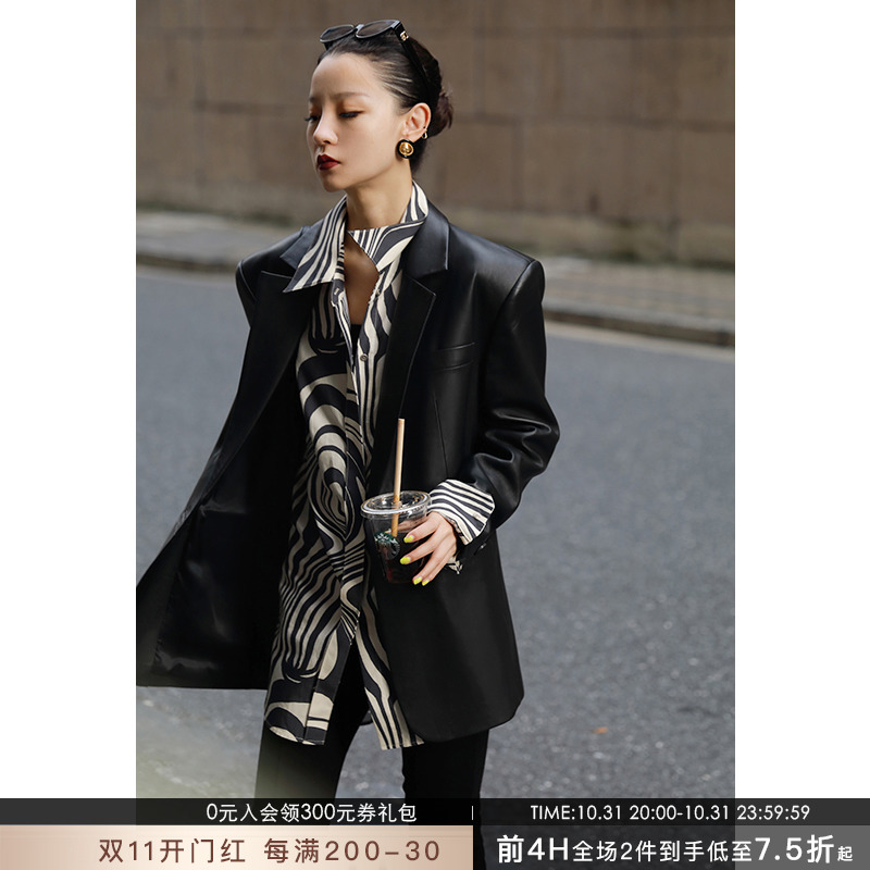 Mogas classic wear Wannian counter 1w high luxury sheepskin profile shoulder pad casual leather suit jacket women