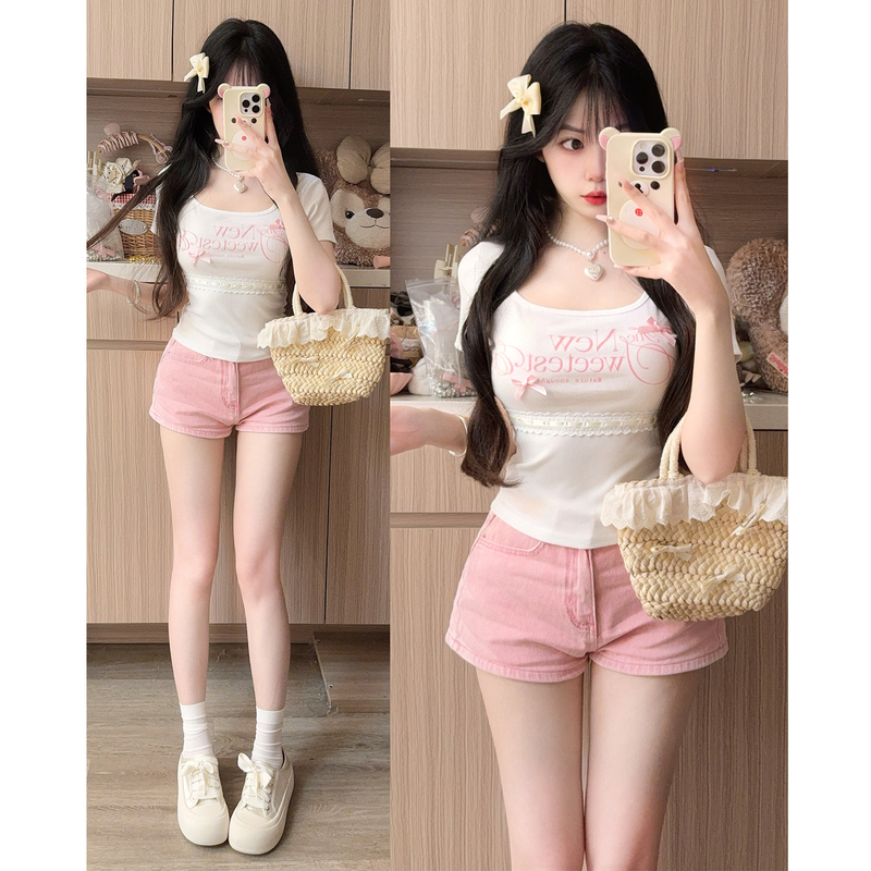 White Letter-Printed T-Shirt for Women, Short-Sleeved, Lace Splicing, Sweet and Spicy Style, Short Slim-Fit Top, New Summer Style