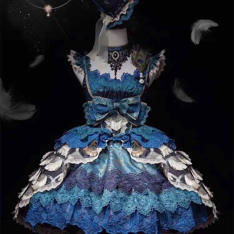Peacock Feather Lolita Peacock Color Birthday Dress Sweet Wedding Heavy Craft Dress Strap Lolita