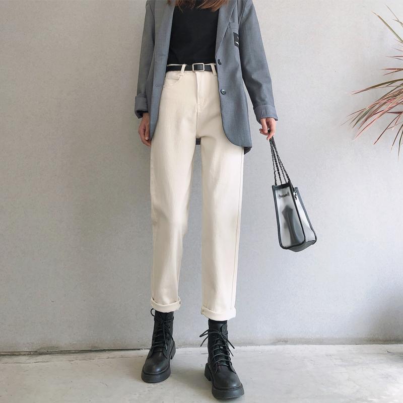 Beige straight jeans women's spring and autumn 2021 new high waist thin loose wide leg daddy white pants summer