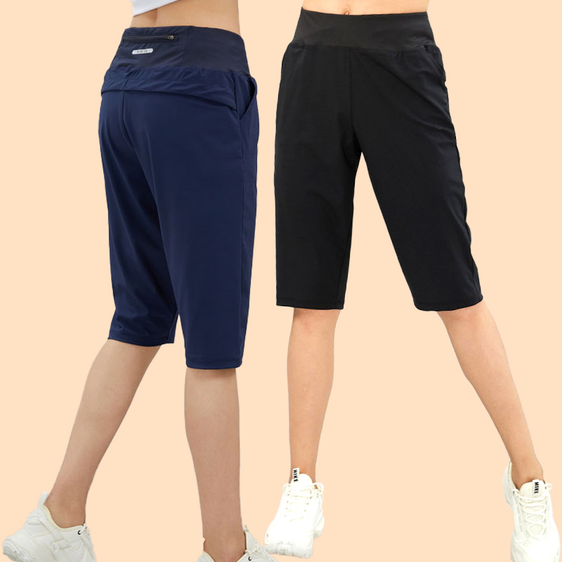 Ice Silk Quick-Drying Running Capri Shorts for Women, Summer Thin Style with Waist Bag, Loose Fit, Fitness Casual 7/8 Pants