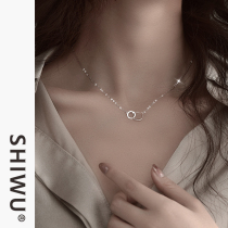 Decorated silver ornaments square circle niche design sense sterling silver necklace female summer light luxury choker female simple 925 silver necklace