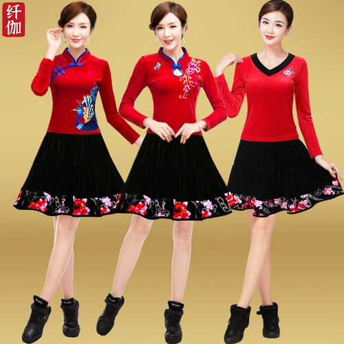 纤伽 Демисезонная бархатная юбка, танцующая мини-юбка, для среднего возраста