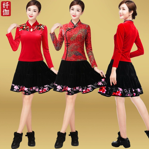 纤伽 Демисезонная бархатная юбка, танцующая мини-юбка, для среднего возраста