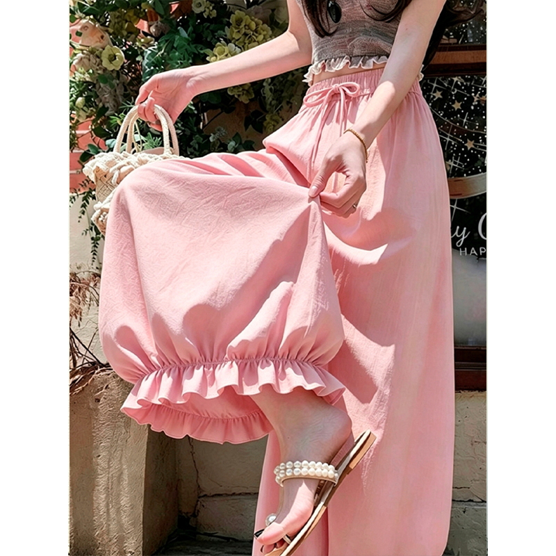 Bright and Stylish Pink Ruffled Wide-Leg Pants for Women 2026, Plus-Size Summer Pants, Thin Style, Petite, Cropped, Loose Pants