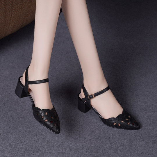 Baotou Sandals Women's 2025 New Summer Genuine Leather Women's Shoes Soft Leather Mid-Heel Single Shoes Summer Hollow Leather Shoes Mom's Shoes