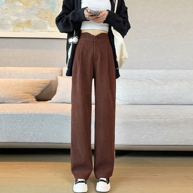 Chenille narrow wide-leg pants women's autumn and winter plus velvet thick corduroy pants high waist straight drape casual suit pants