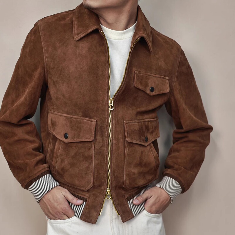 The Character from the Book the Days of the Jackal Wears a Similar A2 Bomber Jacket in the Old Money Style, a Mixed Cashmere Suede Jacket