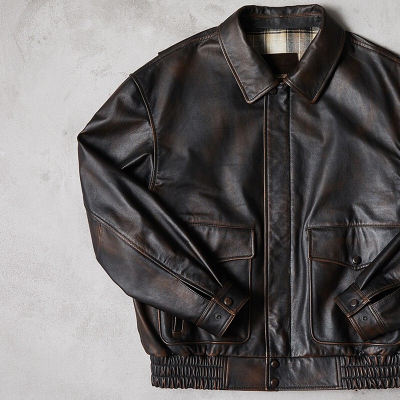 A2 Pilot Leather Jacket for Men, Genuine Leather, Vintage Distressed Full-Grain Calfskin, Short Wide-Fit Hong Kong Style Jacket
