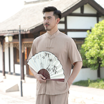  Chinese style Tang clothing Mens youth spring and autumn cotton and linen Chinese top shirt jacket Middle-aged and elderly lay clothes Hanfu