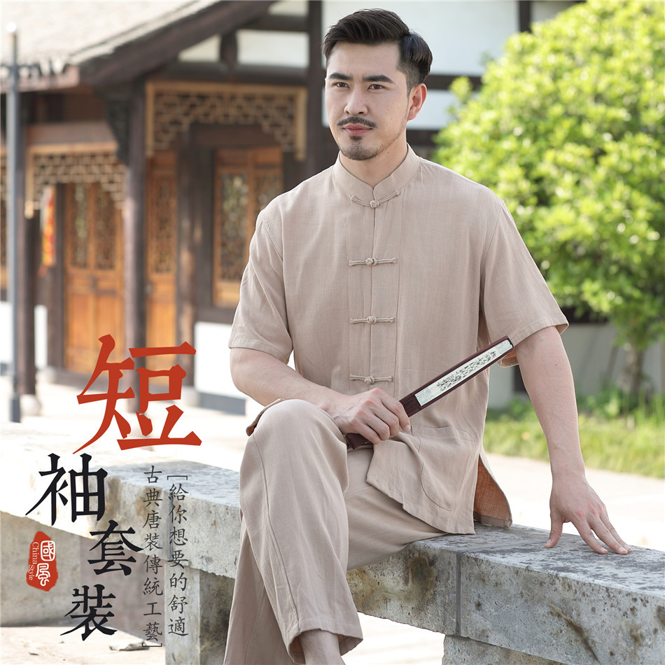Chinese style Tang dress Men's middle-aged summer short-sleeved top Hanfu youth ancient costume Linen suit Dad outfit