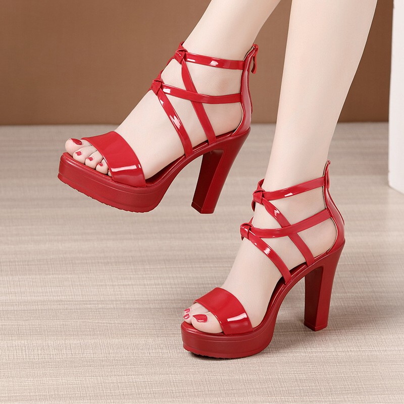 Roman Sandals for Women, Size 26, Summer Thick-Soled Waterproof Platform, Versatile Large Size Patent Leather Open-Toe Runway Red High-Heeled Sandals for Women