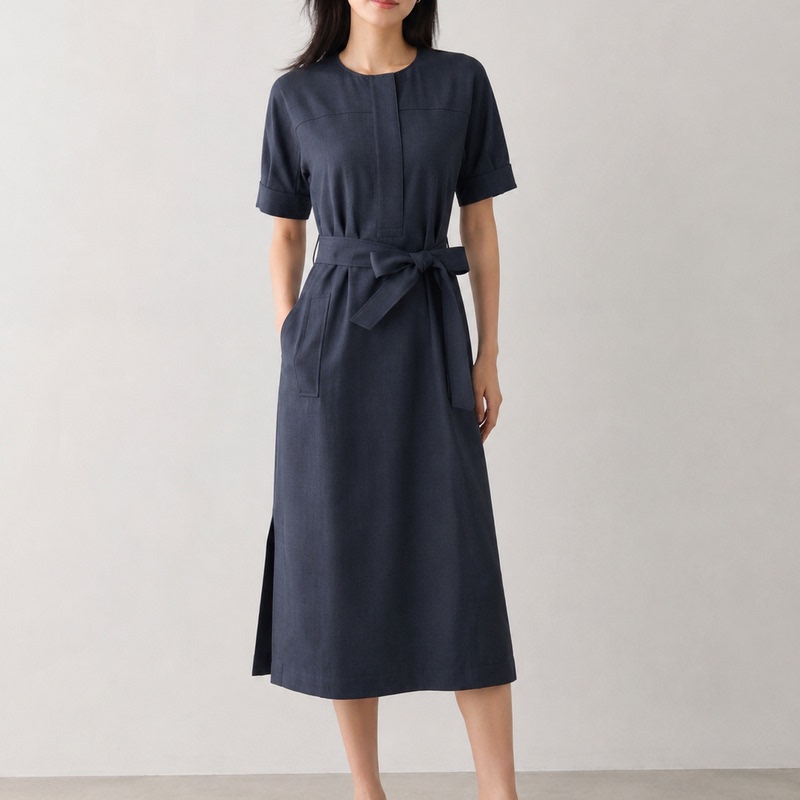 Quiet Lines Hide a Relaxed Temperament. Th2026 Early Autumn New Style Short-Sleeved Lace-Up Round-Neck Shirt Dress