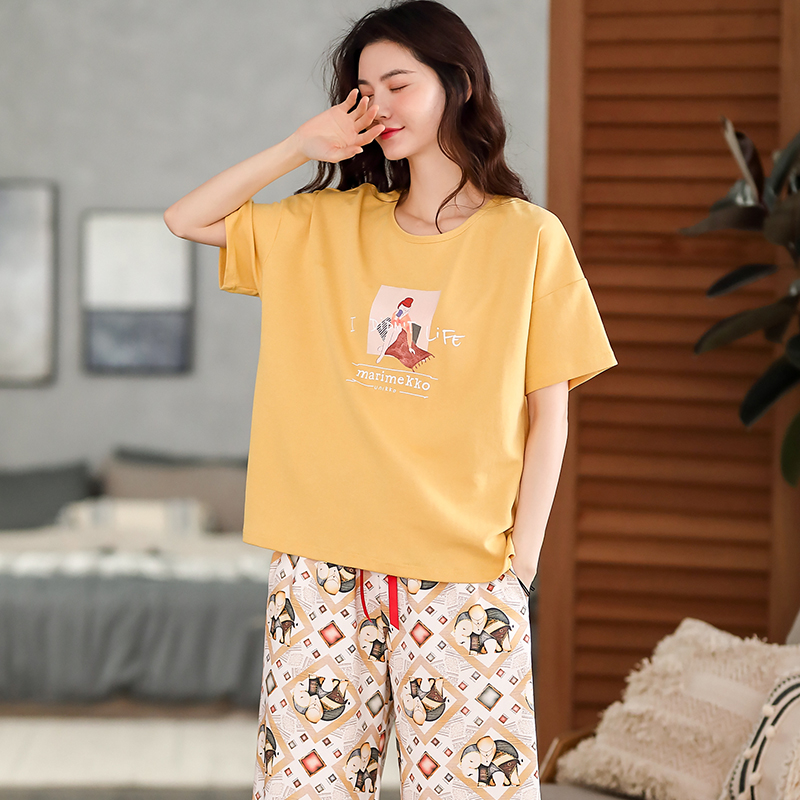 Bộ đồ ngủ womens bông ins mùa hè thời trang tay áo ngắn hai mảnh bộ lỏng lẻo bảy điểm kích thước lớn cô gái quần áo quần về nhà.