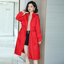 Red windbreaker womens long 2020 spring dress new wide wife thin womens temperament waist spring and autumn coat