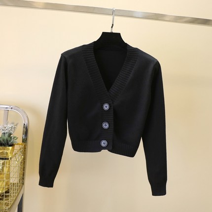 针织高腰上衣v领毛衣女短款披肩外搭秋冬季修