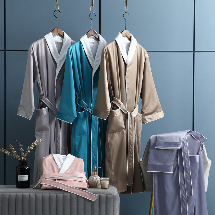 Hotel bathrobe men's and women's long version silk texture nightgown than pure cotton water-absorbing quick-drying bathrobe couple autumn and winter long version